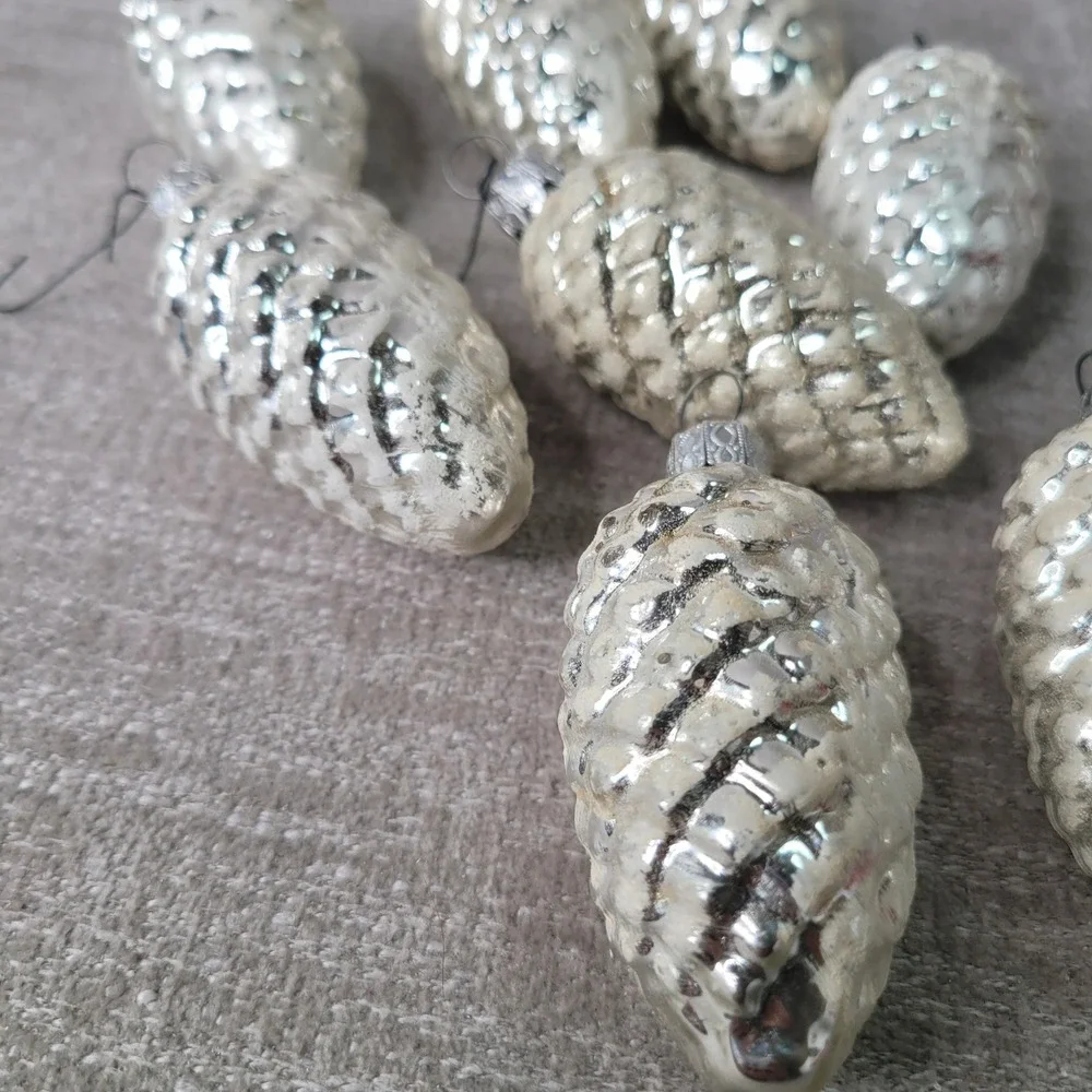 Set of 8 Vintage Mercury Glass Snowy Pinecone Christmas Ornaments Silver White